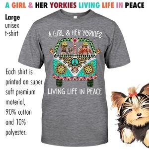 YORKIES and Girl Peace T-shirt riding in a VW Van